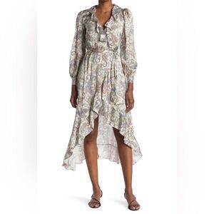 NWT Maje Roxie Ruffle Trim High/Low Wrap Dress in Multi/Silver size 1 or small